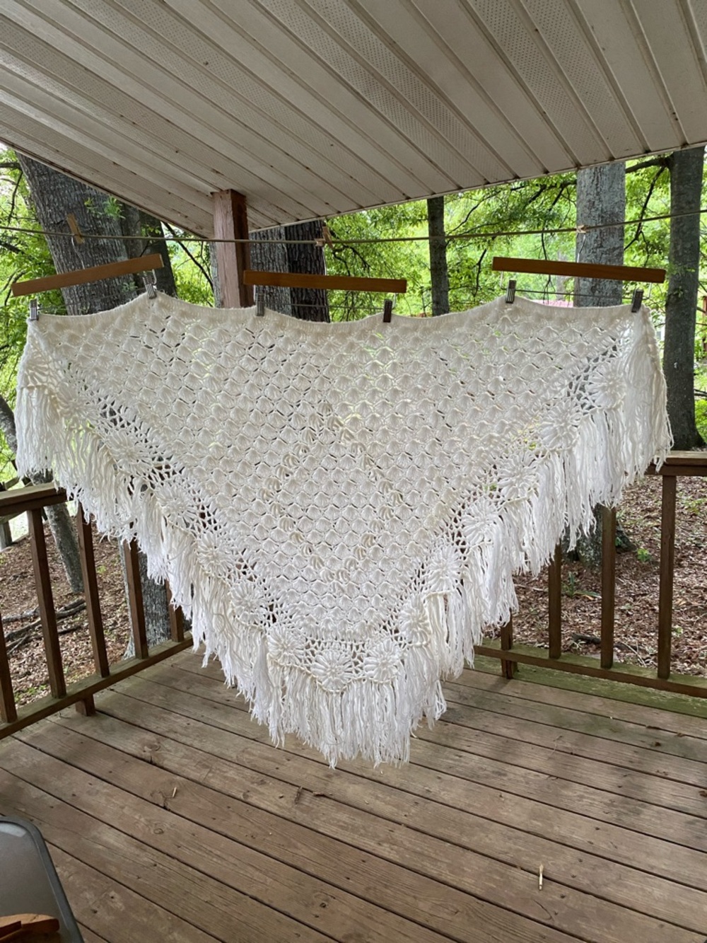 Handmade Crochet Triangle Fringe Shawl - White/off White